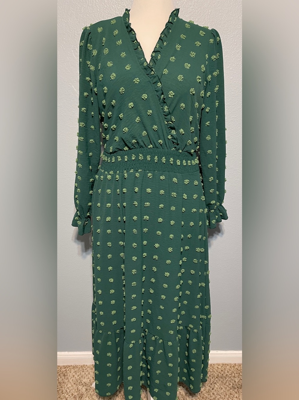 Green Swiss Dot Maxi Dress Smocked Waist Boho Cottagecore Prairie Boho Large